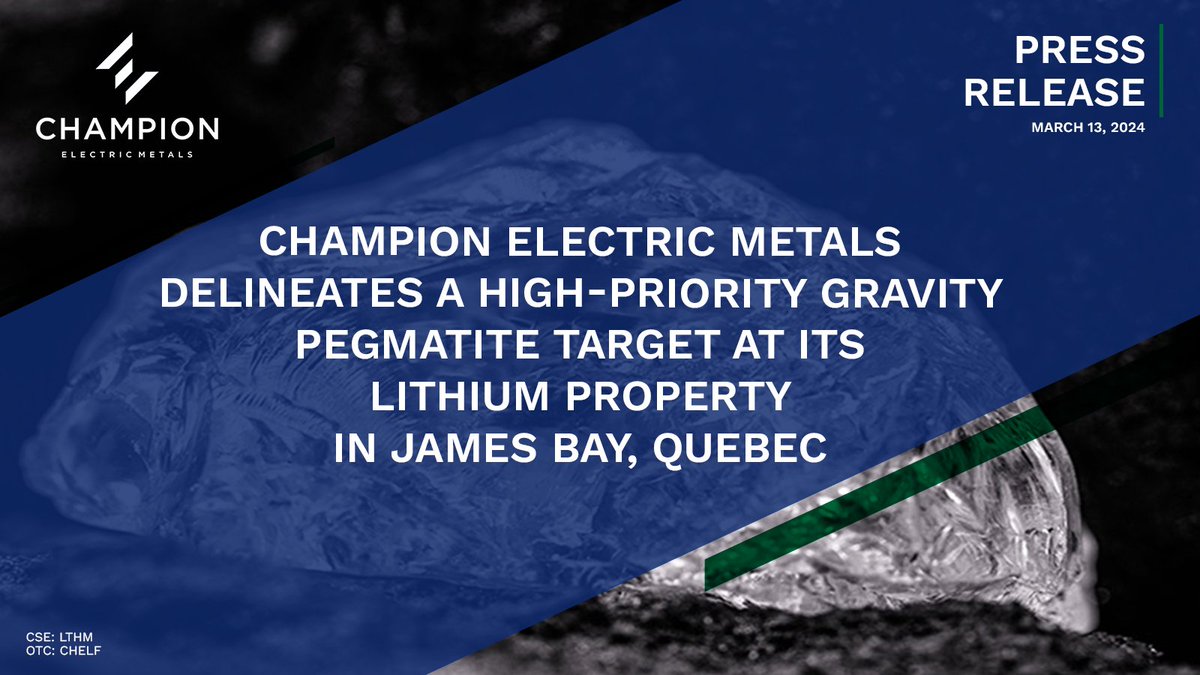 📰 NEWS → Champion Electric Metals Delineates a High-Priority Gravity Pegmatite Target at its Lithium Property in James Bay, Quebec • Drilling activities set to commence by end of March. • Champion Electric's analysis indicates a potential high-yield lithium source. • CEO…