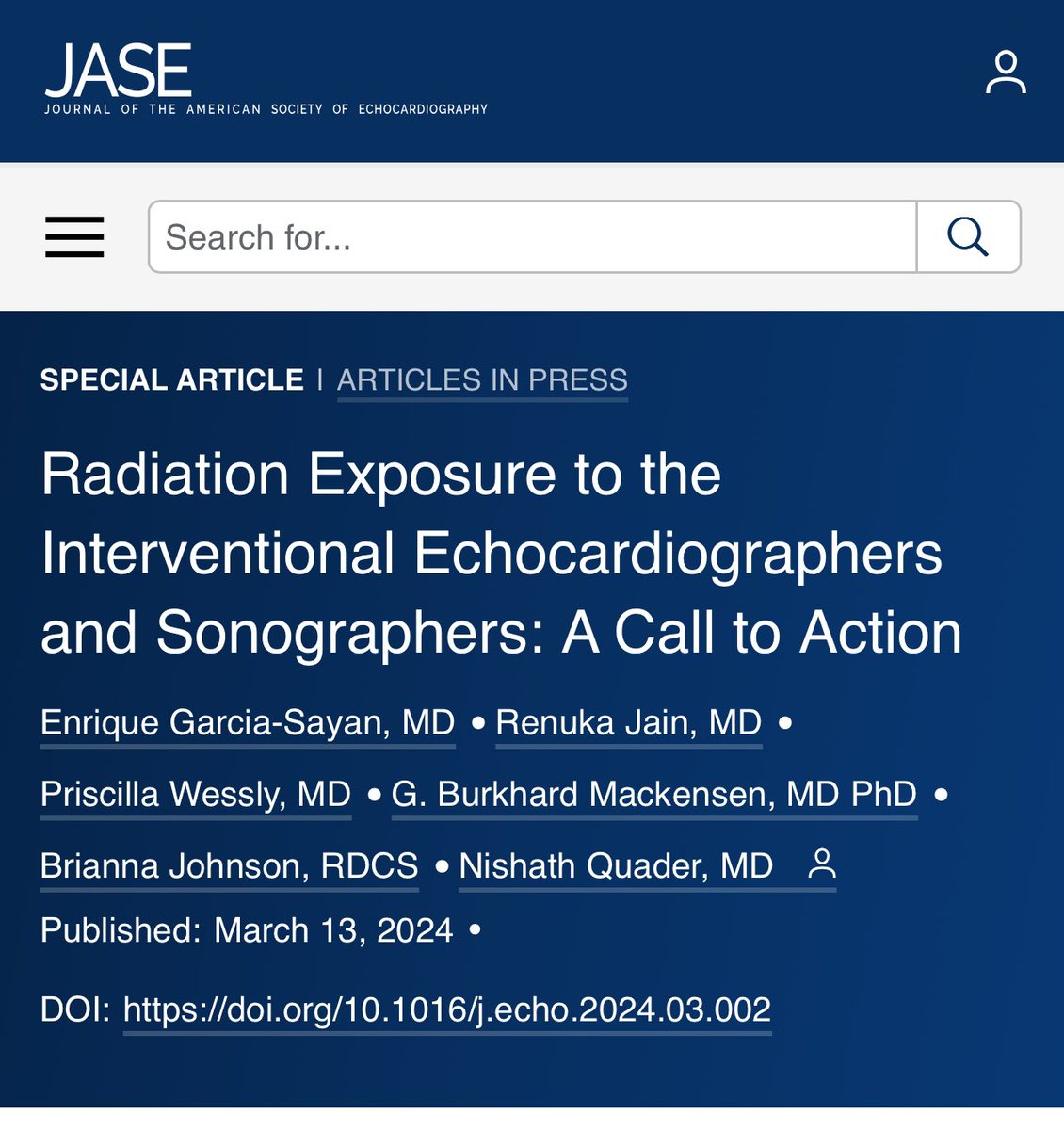 Radiation exposure to the Interventional Echocardiographer, a serious issue that is commonly ignored. Thank you to my coauthors for this important “call to action” paper #IE #radiation @EGarciaSayan @renujain19 @saricmu @SLittleMD @hahn_rt @WashUCardiology @ASE360 @iamritu