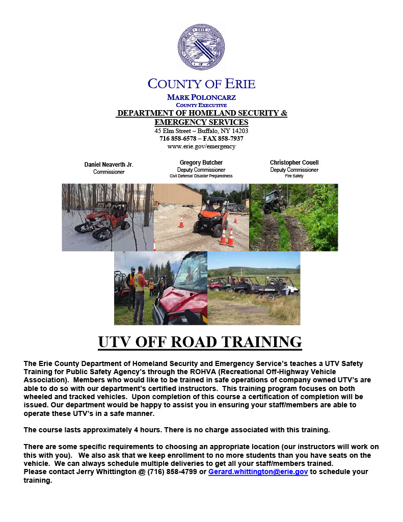 📢 Department Leadership, please see the attached announcement for ATV & UTV Training for your agency. Contact Gerard.Whittington@erie.gov to schedule