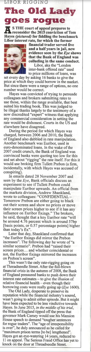Ahead of my appeal tomorrow ⁦@PrivateEyeNews⁩ reveal the BOE was asking brokers to move their screens to change the Euribor rates. Though I never requested this of my brokers my lesser acts left me with a 14 year prison sentence…