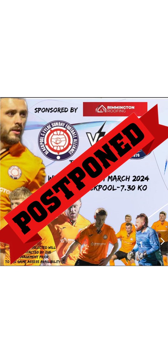 BFSFA (@bfsfa) on Twitter photo Unfortunately due to the weather, tonight’s fixture has been postponed vs <a href="/BlackburnLeague/">The Blackburn Sunday Football League</a>. This fixture will be rearranged in due course. Unfortunately due to the weather, tonight’s fixture has been postponed vs <a href="/BlackburnLeague/">The Blackburn Sunday Football League</a>. This fixture will be rearranged in due course.