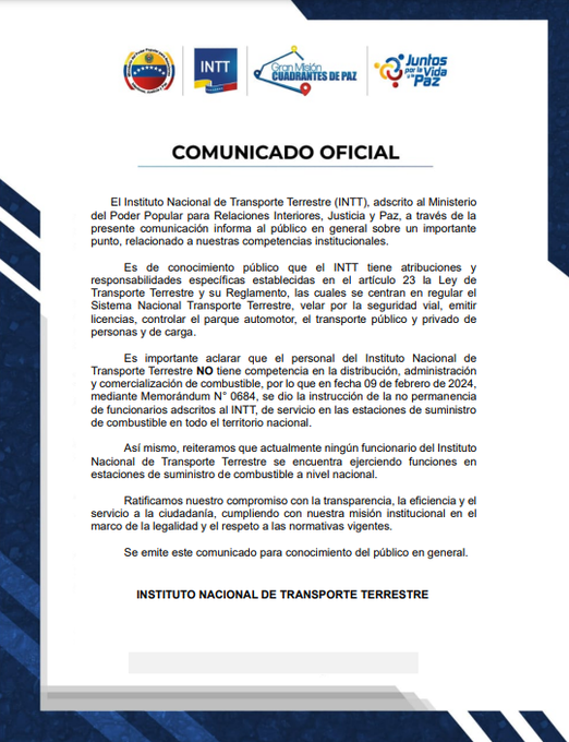 #Importante|  Comunicado Oficial del Instituto Nacional de Transporte Terrestre.  
- 
#RumboAlFuturo