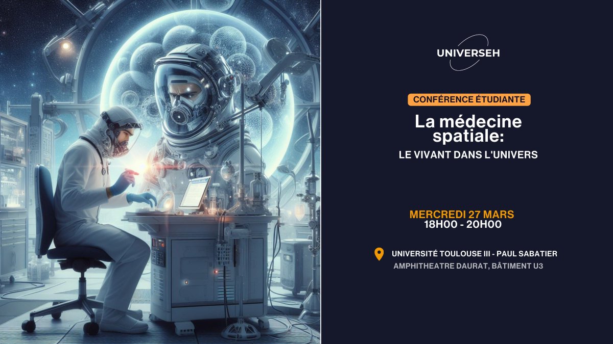 🚀 Médecine spatiale : venez découvrir les secrets du vivant dans l'univers...   
Les étudiant·es d'<a href="/universeh_eu/">UNIVERSEH European University</a> vous invitent à une conférence. 

📅 27 mars, 18h - 20h 
📍<a href="/UT3PaulSabatier/">UT3 Paul Sabatier</a> 
💰 Gratuit, sur inscription : encr.pw/txIm3