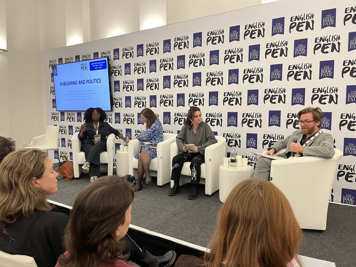 Next up: always insightful @dnlgorman of @englishpen leading a talk on politics and publishing with editor Elah Wakatama of @canongatebooks, agent @emmashercliff (who speaks Farsi, for Persian or Afghan writers looking for representation!) and writer @lisaminerva @LondonBookFair