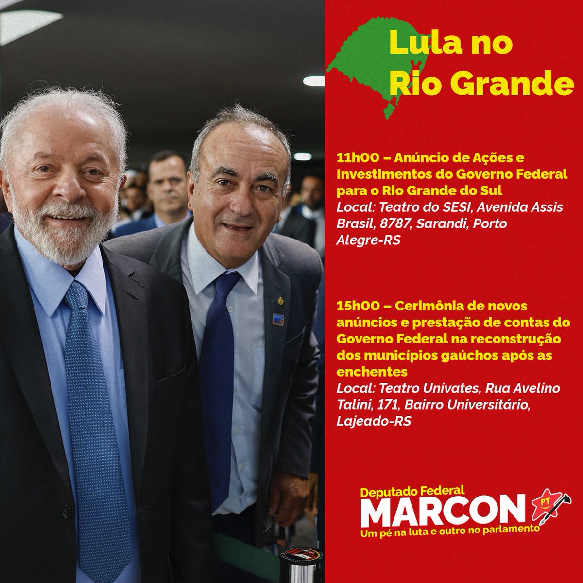 🤩 Sexta-feira o Presidente @LulaOficial estará no Rio Grande do Sul para anunciar as ações do Governo Federal para o estado. Vai passar por Porto Alegre e Lajeado. Vem participar com a gente!