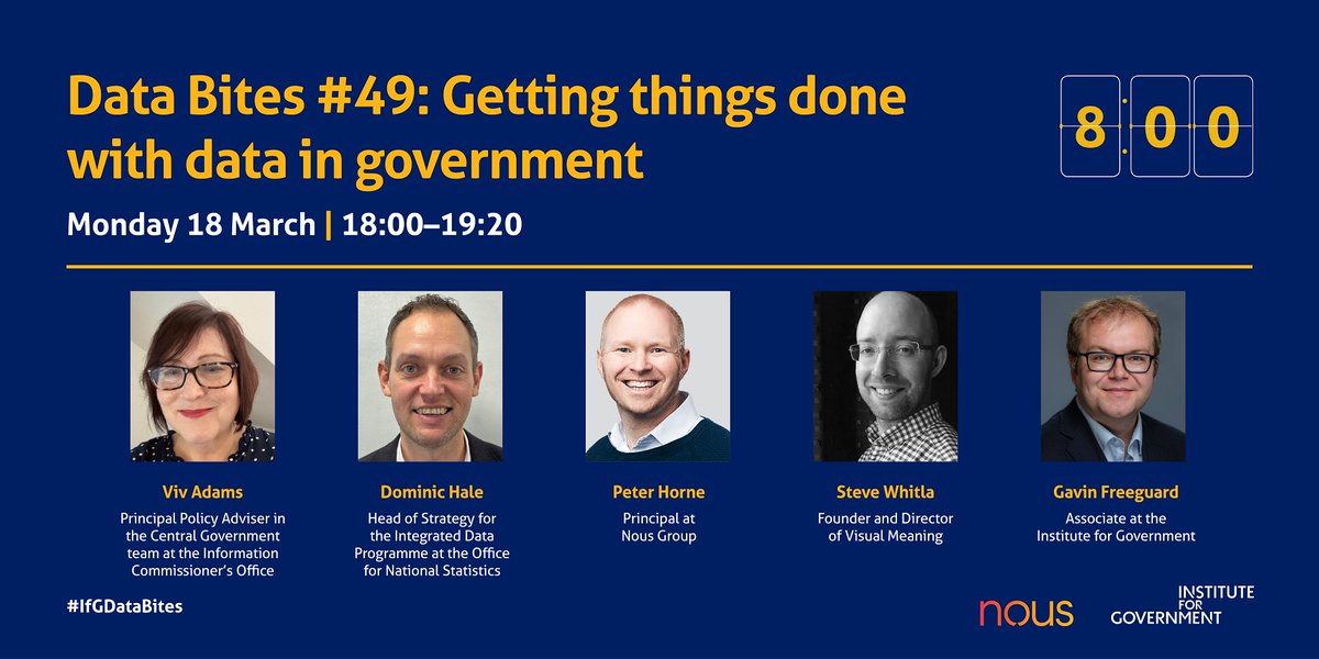 It's #IfGDataBites tonight! Join us at 18:00 for the 49th edition in our series. 

We'll hear from @ICOnews on data sharing, @ONS on 'the Integrated Data Service', @NousGroup on data and efficiencies, and @swhitla on shared meaning @NationalHways instituteforgovernment.org.uk/event/data-bit…