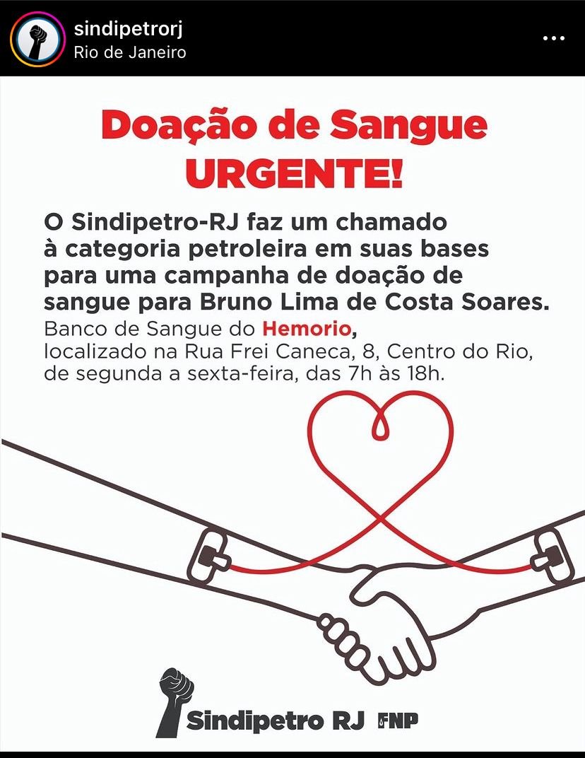 nataleademitri's tweet photo. alô amigos do rio de janeiro
o rapaz baleado no sequestro do ônibus na rodoviária novo rio ontem é nosso amigo. ele tá em estado grave e precisando de doações de sangue. se conhecerem alguém no rio de janeiro que possa ajudar doando hoje, marca aqui por favor https://t.co/6mZ5bzxmrX