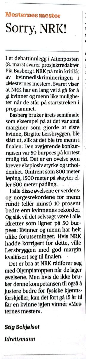 Basic Internet Foundation (@basic4all) on Twitter photo Dagens <a href="/Aftenposten/">Aftenposten</a>. Bra skrevet av <a href="/StigSchjlset/">Stig Schjølset</a> om dårlig NRK satsing på kvinner #IWD2024 under årets #MesternesMester. Sorry <a href="/akselsvindal/">Aksel Lund Svindal</a> , hadde forventet at du bruker din kunnskap til å sette opp rettferdige konkurranse. <a href="/NRKno/">NRK</a> programleder & kommentatorer, alle men? Dagens <a href="/Aftenposten/">Aftenposten</a>. Bra skrevet av <a href="/StigSchjlset/">Stig Schjølset</a> om dårlig NRK satsing på kvinner #IWD2024 under årets #MesternesMester. Sorry <a href="/akselsvindal/">Aksel Lund Svindal</a> , hadde forventet at du bruker din kunnskap til å sette opp rettferdige konkurranse. <a href="/NRKno/">NRK</a> programleder & kommentatorer, alle men?