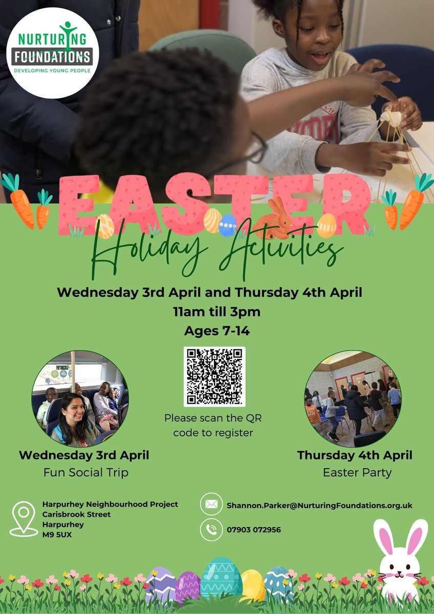 🐰Join @NurturingFound1 for Easter Holiday Activities @HnpHarpurhey!🥚 There'll be sessions running on Weds 3rd April and Thurs 4th April, 11am-3pm. Suitable for ages 8-14. To register, see below ⬇️