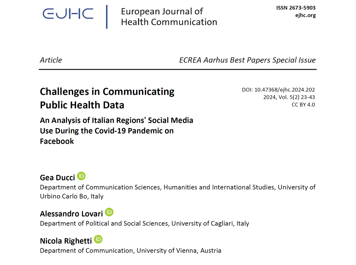 EJHC (@ejhc_journal) on Twitter photo 📢New Article:
<a href="/geaducci/">Gea Ducci</a>, <a href="/alelovari/">Alessandro Lovari</a>, & <a href="/NicRighetti/">Nicola Righetti</a> explore the questions:
🔹How have Italian regions adopted different types of communication for Covid-19 related data on social media?
🔹How did this affect the levels of engagement?
➡️doi.org/10.47368/ejhc.… #OpenAccess 📢New Article:
<a href="/geaducci/">Gea Ducci</a>, <a href="/alelovari/">Alessandro Lovari</a>, & <a href="/NicRighetti/">Nicola Righetti</a> explore the questions:
🔹How have Italian regions adopted different types of communication for Covid-19 related data on social media?
🔹How did this affect the levels of engagement?
➡️doi.org/10.47368/ejhc.… #OpenAccess