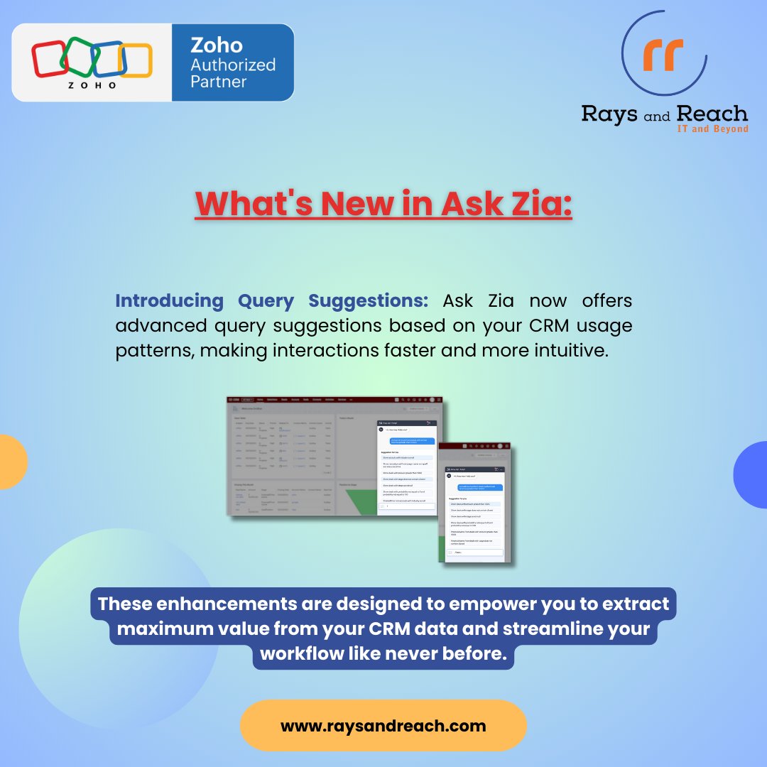 Rays_and_Reach's tweet photo. 🚀 Exciting Zoho Zia Feature Update Alert!
🔎 Did you know? Our Zoho Zia platform just got even better! Explore the latest updates revolutionizing your CRM experience.
⚡To learn more about the feature connect with us at www.raysandreach
#ZohoZia #RaysAndReach #ZohoPartner https://t.co/vapAxMlcnr