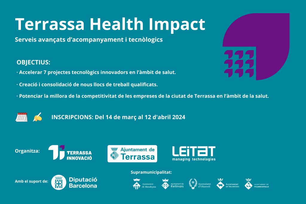 ajterrassa's tweet photo. 👏#TerrassaHealthImpact, un programa d’acompanyament a empreses que fomenta i impulsa projectes tecnològics innovadors en l’àmbit de salut per ajudar-los a arribar al mercat.
Inscripcions 👇👇
https://t.co/6U6wPN4D2V
@trsinnovacio @Leitat https://t.co/ZvDuzMERZD