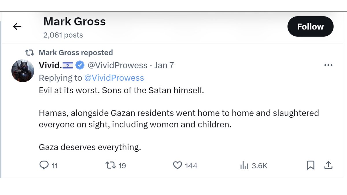 AntiPalHM_CAN's tweet photo. Mark Gross (@MCGross14) is CEO and a Partner for Zedd Customer Solutions Inc.

Gross has:
- Said Palestinians are "cockroaches"
- Retweeted a tweet that said "Gaza deserves everything"
- Said pro-Palestine protesters are "rapists and baby killers"
- Praised the IDF's assassination of Palestinians in a hospital in the West Bank.

Gross is CEO of ZCS. ZCS has a partnership with Guatemalan company @ProntoBpo:
https://t.co/cVSbOhUUnw

We recommend you contact Pronto BPO to express your concern about Gross' social media activity via 👇
- Email: sales@prontobpo.com

Gross' LinkedIn:
https://t.co/7lmujEQXEw