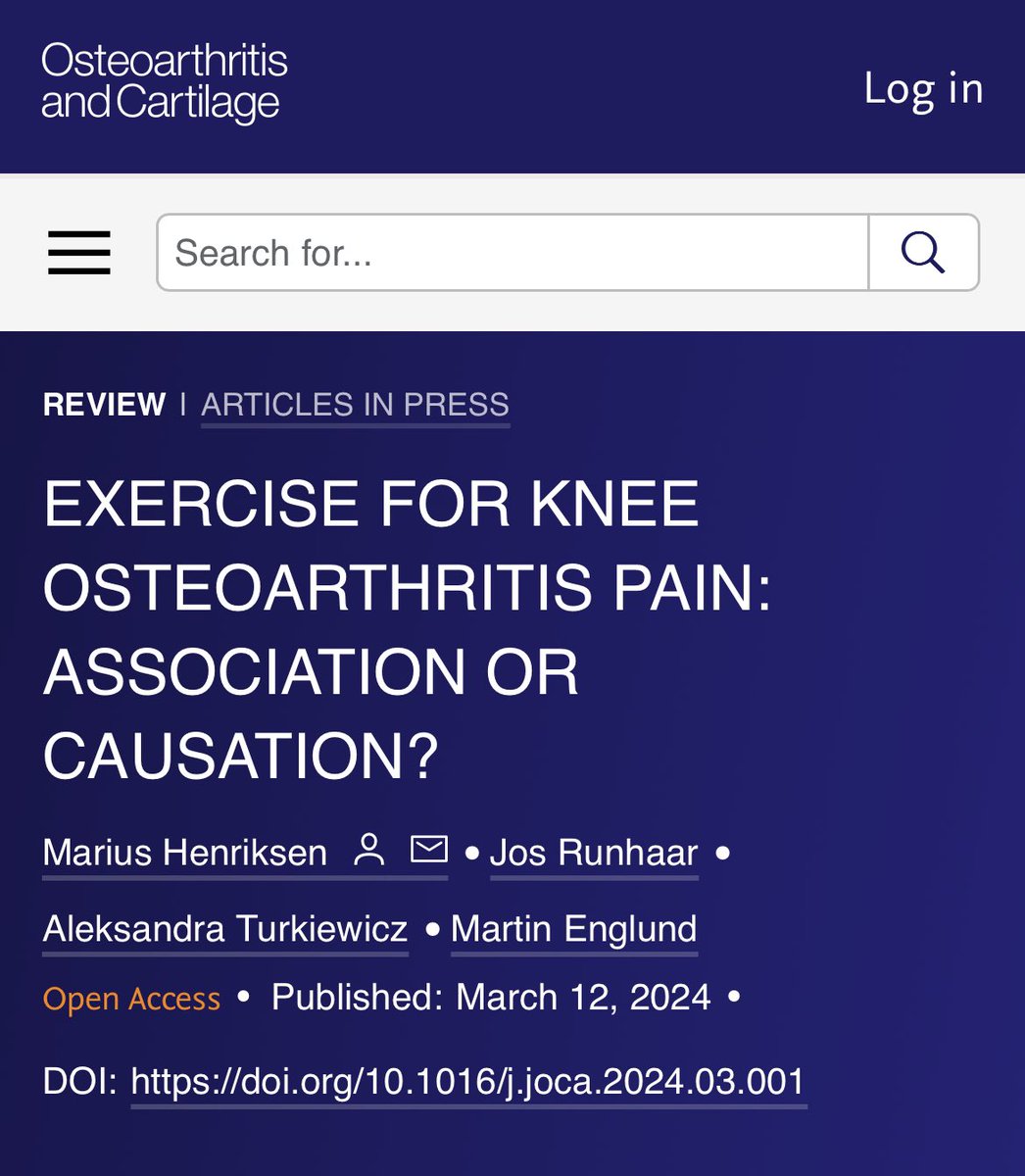 Review: Viewing the evidence from the 9 Bradford Hill considerations did neither bring forward indisputable evidence for nor against the causal relationship between exercise and improved knee OA pain. oarsijournal.com/article/S1063-… @OARSInews @ORSsociety @OARSI_ECI