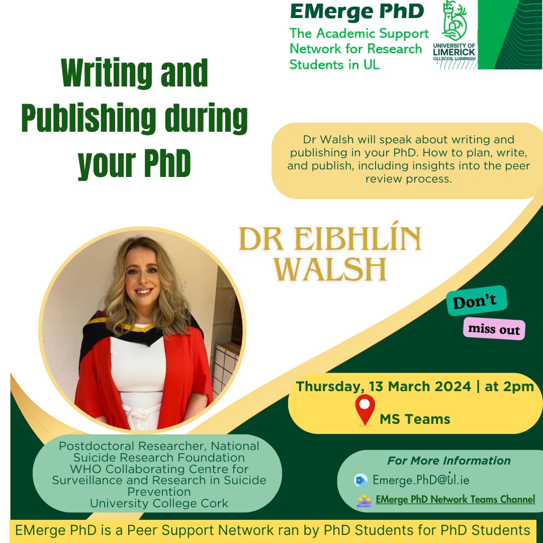 Delighted to see #scylabie member @Eibhlin_W speaking at @EMerge_UL today. This will be an excellent talk for all @ul Phd students ✨