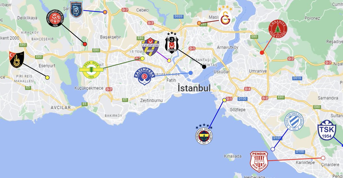 TheEuroFE's tweet photo. MAP OF FOOTBALL CLUBS IN ISTANBUL!!!

Istanbul currently has 8 sides in the Turkish Süper Lig. Clubs from Istanbul have won 77 titles in Turkiye between them while the rest of the country has only 17.

This map shows the teams also in the 2nd and 3rd tiers of Turkish football. https://t.co/ZqxRqojWOt