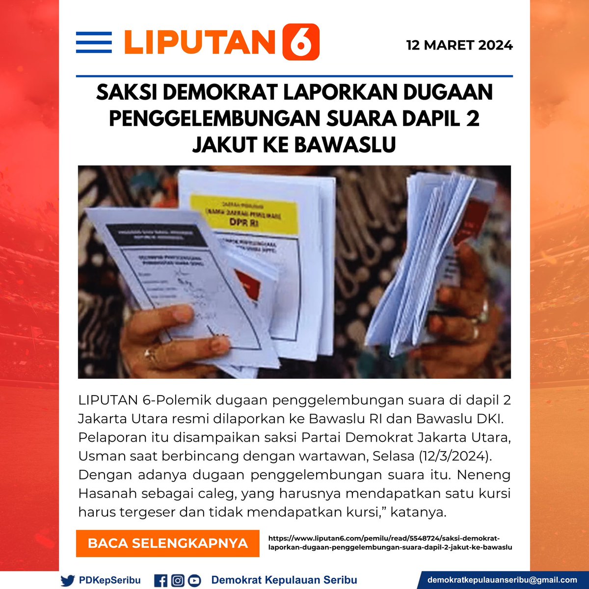 Saksi <a href="/PDemokrat/">Partai Demokrat</a> Laporkan Dugaan Perbuatan Dengan Sengaja Penggelembungan Suara Yang Di Lakukan Oleh PPK Kecamatan Cilincing Jakarta Utara Dapil 2 ke Bawaslu RI dan Bawaslu DKI.
(cont…)
<a href="/KPU_ID/">KPU RI</a> <a href="/bawaslu_RI/">Bawaslu RI</a> <a href="/PDemokrat/">Partai Demokrat</a> <a href="/AgusYudhoyono/">Agus Harimurti Yudhoyono (AHY)</a> <a href="/SBYudhoyono/">S. B. Yudhoyono</a>
