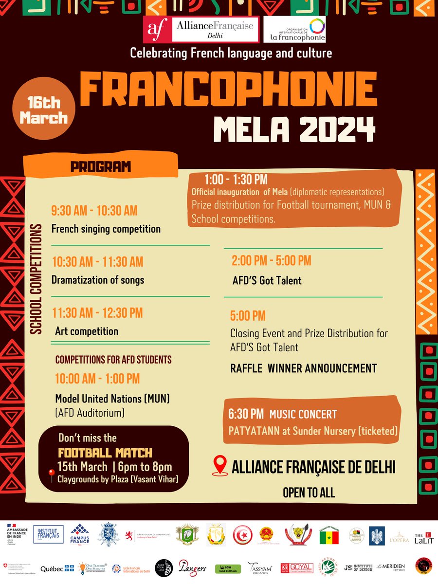 Francophonie Mela 2024 ✨🎉Don't miss this unique celebration of French Language and Culture March 16th | 9:30 am to 5:00 pm 📍Alliance Française de Delhi 🌟Explore stalls from diverse Francophone countries, savor delicious international cuisine, and win exciting prizes.