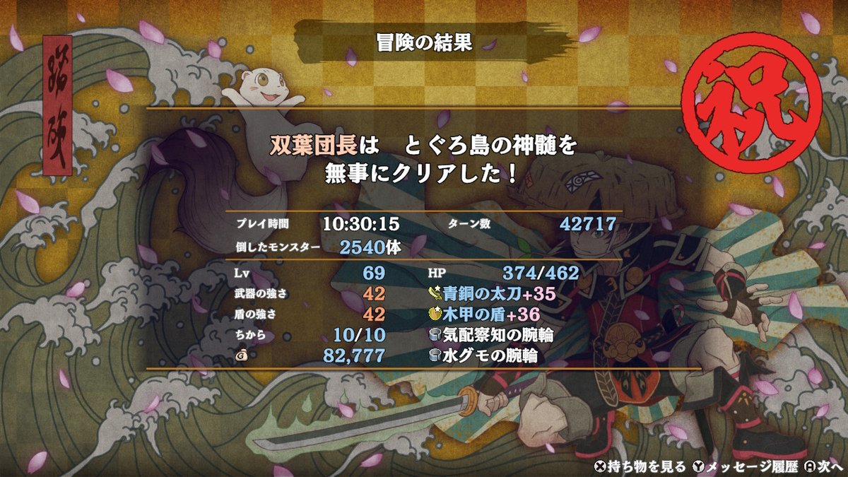 Dancho5454's tweet photo. 10時間(１週間ほど)かかりましたが無事神髄裏終わりました。如く8いけるぜ
#風来のシレン6 #NintendoSwitch https://t.co/tFjnv7Kxvb