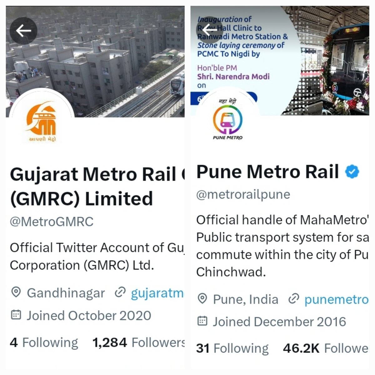 See the diff. In era of IT to be active on SM is must if we have make project successful Ahmedabad 🚇 Phase 1 - 40.03 Km Commencement - 2 Oct2022 Followers - 1284 SM post - 39 Pune 🚇 Phase 1 - 29.8 Km Commencement - 6 Mar2022 Followers - 46.2K SM post - 5,736 Source: Google