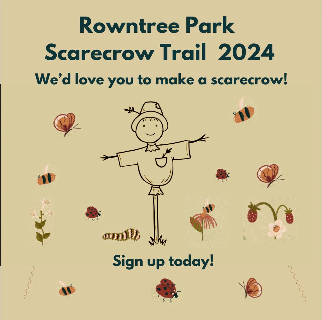 Rowntree Park Scarecrow Trail 2024...
Sign up to create a scarecrow/model using the link below. Tell your neighbours/your street WhatsApp groups!
bit.ly/RPscarecrowtra…
The trail takes people around the local area with a  fun quiz.  Sat 11 &amp; Sun 12 May!