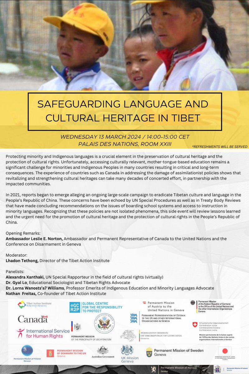 Tibet Action Institute alongside Permanent Mission of Canada are pleased to invite you to an HRC55 side-event on “Safeguarding Language and Cultural Heritage in Tibet”. The event will take place on Wednesday, March 13th at 14:00 CET in Room XXIII at the Palais des Nations.