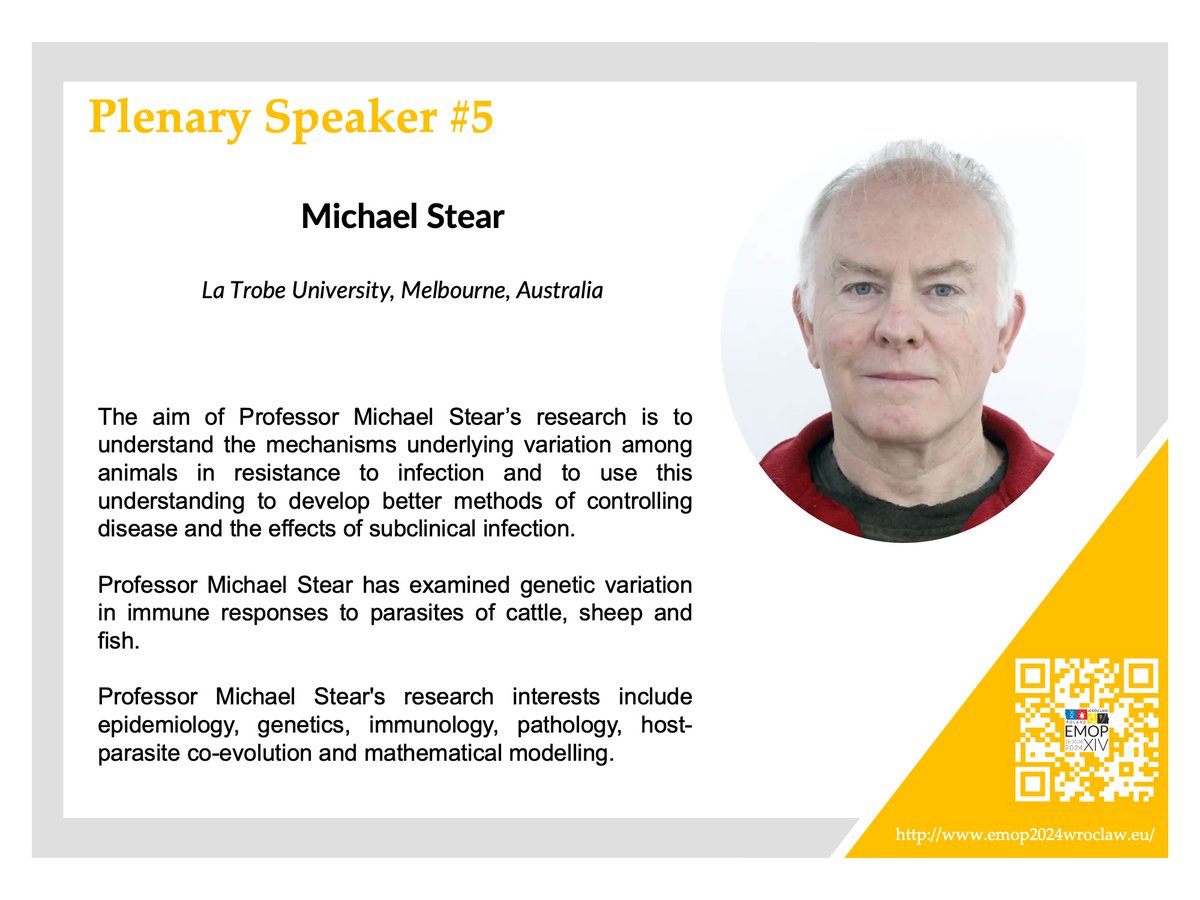 Professor Michael Stear from La Trobe University <a href="/latrobe/">La Trobe University</a>, Australia, will close the series of EMOP 2024 plenary speakers.
Prof. Stear will give a lecture on the topic: "Modern methods of data analysis in nematode infections."
Stay tuned❗️ Only 166 days left until <a href="/EMOP2024/">European Multicolloquium of Parasitology - EMOP</a>🔥