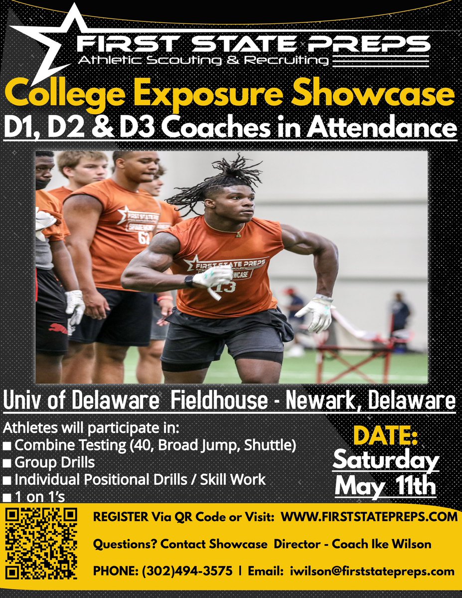2024 College Exposure Showcase info:

✅ Saturday, May 11th, 2024

@ University or Delaware Fieldhouse | Newark, Delaware

🔥D1, D2 &amp; D3 Coaches in Attendance (20+ college programs to be in attendance)

Registration Link: 
tickettailor.com/events/fspcoll…

FIRSTSTATEPREPS.COM