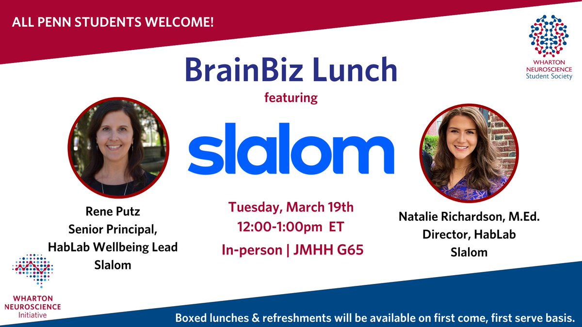 whartonbrain's tweet photo. The #WiNSS BrainBiz Lunch is back for #Spring2024! We'll have Rene Putz & Natalie Richardson from @Slalom here to talk to @Penn students & share their experiences. You can register here: https://t.co/deiKa4MI62 #BrainBiz #BrainBizLunch #Slalom #WhartonNeuroscienceStudentSociety https://t.co/lFbFU8r1V2