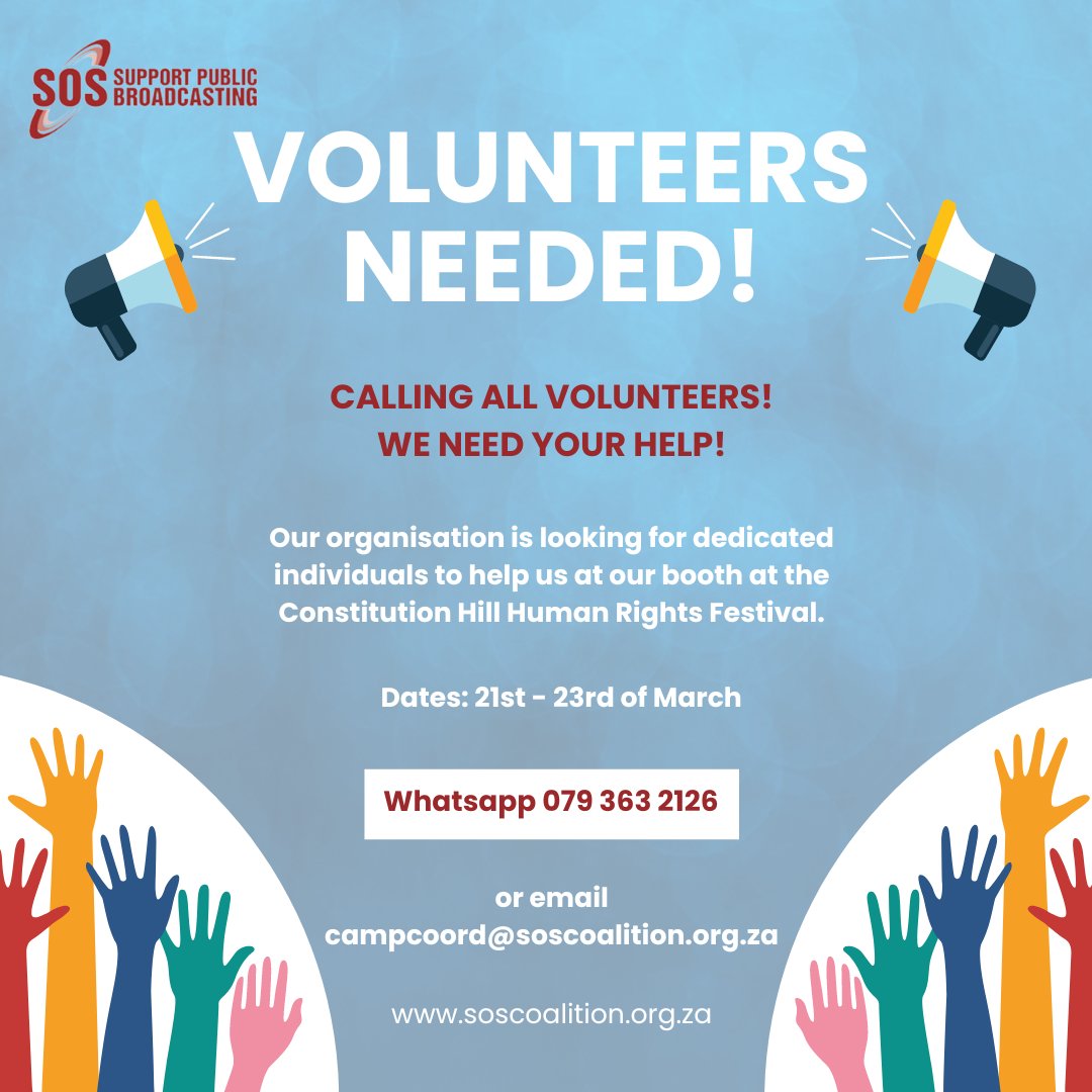 Calling all activists! We are looking for volunteers to help us manage our booth at the 2024 Human Rights Festival from the 21st-23rd of March. Volunteers will be divided into shifts. Whatsapp 079 363 2126 or email campcoord@soscoalition.org.za