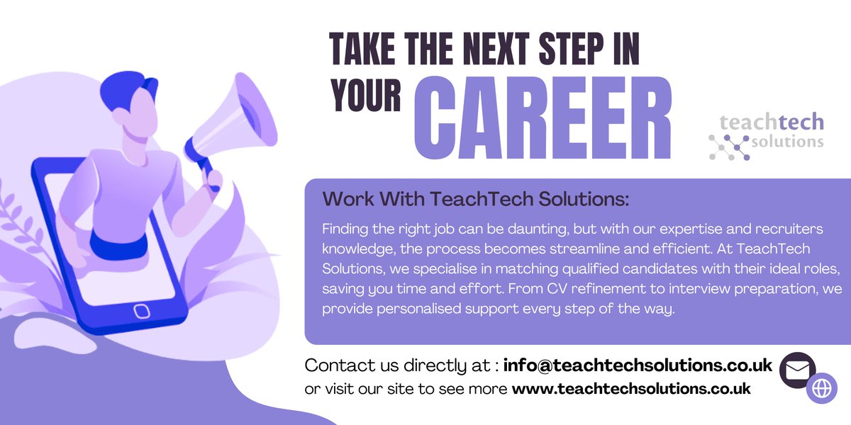 TeachTech Solutions (@teachtech_uk) on Twitter photo Take the next step 🚀
See how we at TeachTech Solutions can help you move forward with your career journey!
Contact us directly 📧 info@teachtechsolutions.co.uk
#recruiters #careerjourney #nextsteps #careerdevelopment #recruitmentagency Take the next step 🚀
See how we at TeachTech Solutions can help you move forward with your career journey!
Contact us directly 📧 info@teachtechsolutions.co.uk
#recruiters #careerjourney #nextsteps #careerdevelopment #recruitmentagency