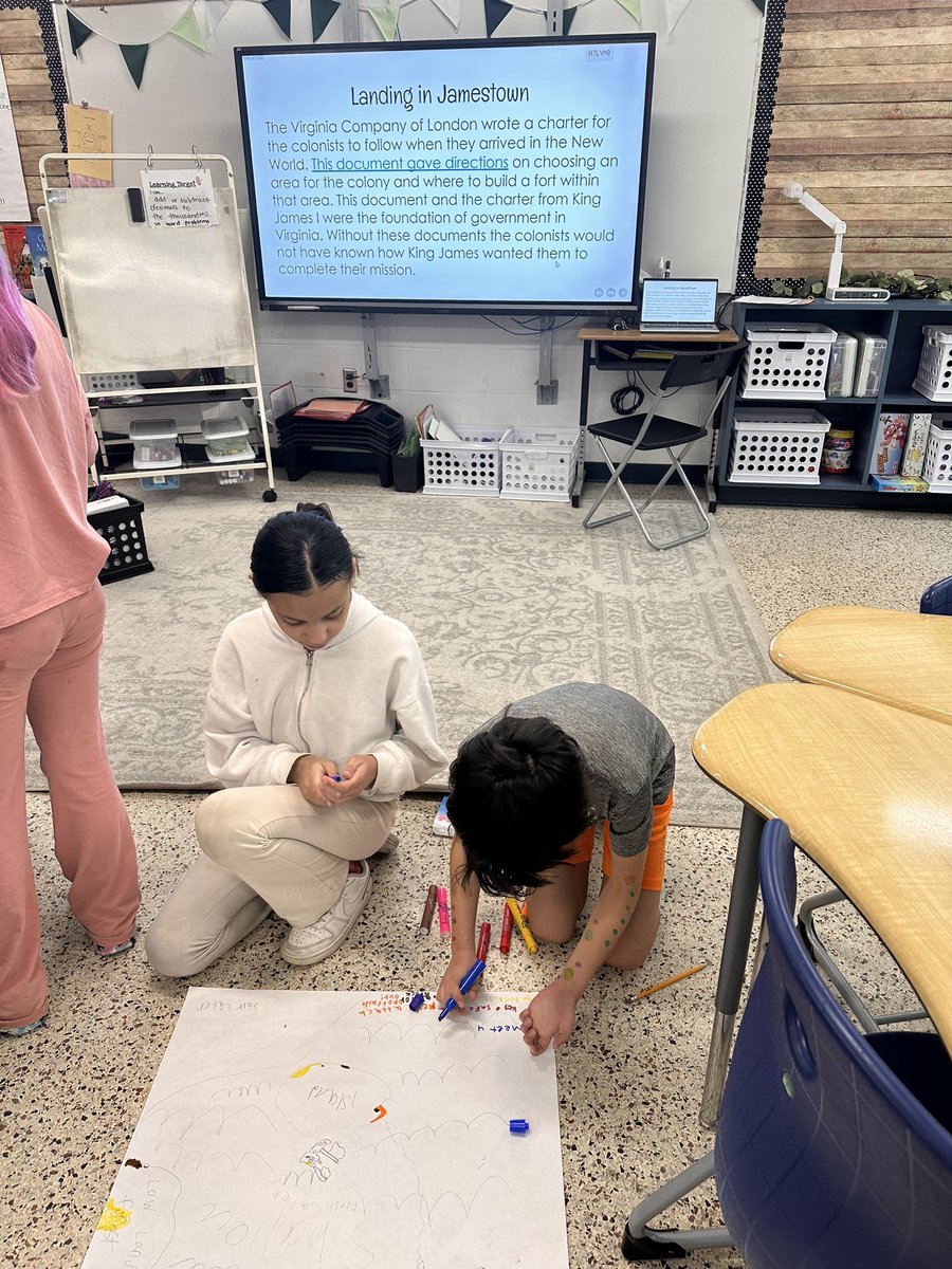 mathisallamafun's tweet photo. Students are working on maps for the New World “Jamestown” based on jobs they would have once they arrived. Where would you fish, place houses, forts, crops and ships to ensure a productive colony? Thanks to our wonderful GRT for a great lesson on Multiple Perspectives! https://t.co/8YIEssits7