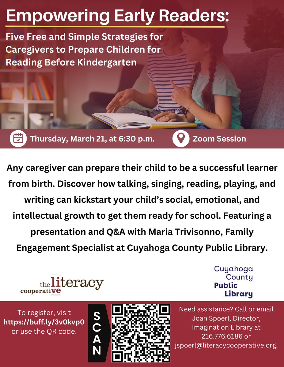 Discover five free and simple strategies for caregivers to prepare children for reading before kindergarten with Cuyahoga County Public Library’s Maria Trivisonno on Thursday, March 21, at 6:30 p.m. Register now at buff.ly/3v0kvp0