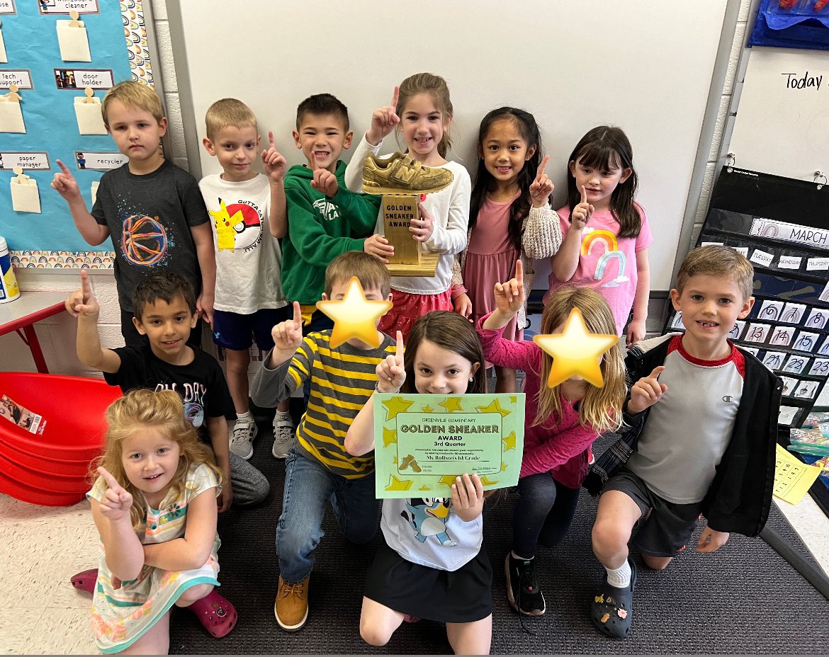 SVentresco1456's tweet photo. CONGRATULATIONS! The 3rd quarter Golden Sneaker Trophy winners are Rollison’s 1st grade & Cribley’s 3rd grade (second quarter in a row)!! 👟 🌟 They showed great responsibility each PE class! #PEWithMrsV #GreenvilleES @GreenvilleES @erika_kersey @CVB2023 https://t.co/UwDqvvnvF2