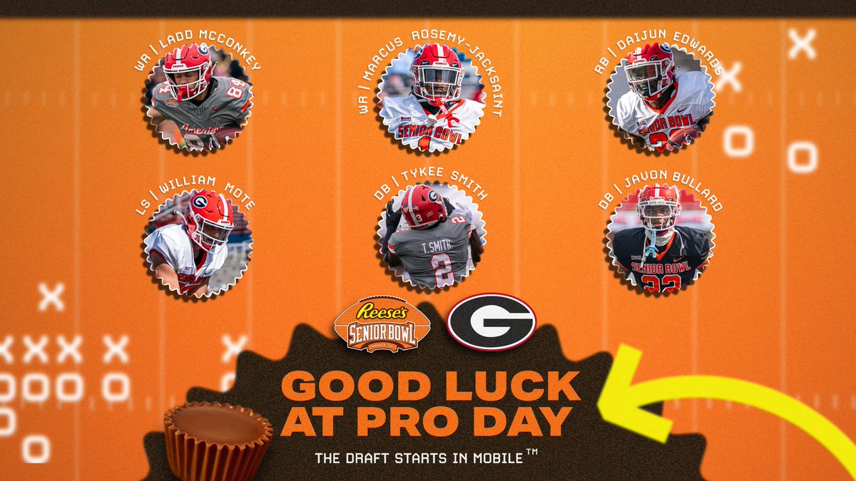 Good luck at #ProDay to our Senior Bowl alumni @GeorgiaFootball WR @laddmcconkey02, WR @rosemy_marcus, RB @3wayyyy, LS @W_Mote50, DB @TykSmith, and DB @cravejaaye! #GoDawgs #TheDraftStartsInMOBILE™️