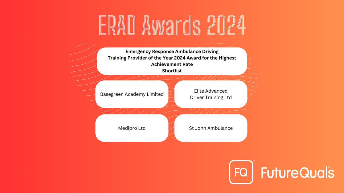 futurequals's tweet photo. 🏆 Drumroll, please! The shortlist for the "Emergency Response Ambulance Driving Training Provider of the Year 2024 Award for the Highest Achievement Rate"! is🚑
Basegreen Academy
EliteADT
MediPro Limited
St John Ambulance
#ERAD24 #AmbulanceDriverTraining #FutureQuals #FQ https://t.co/vKg6Hqg4b2