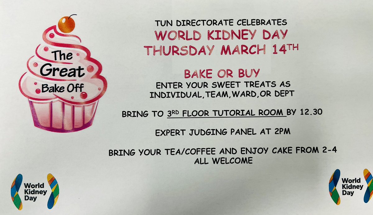 Join the celebrations thanks to @Beaumont_Dublin @FriendsBeaumont @TheJellyBeanFactory @IrishKidneyAs @lirchocolates @ButlersChocs @worldkidneyday 📍Staff canteen stand ⏰8.30-10 📍Main Foyer ⏰10.30-12.30 ❓Online Staff Quiz ⏰all day 📍TUN bakeoff 3rd floor ⏰2.30 ☕️🧁