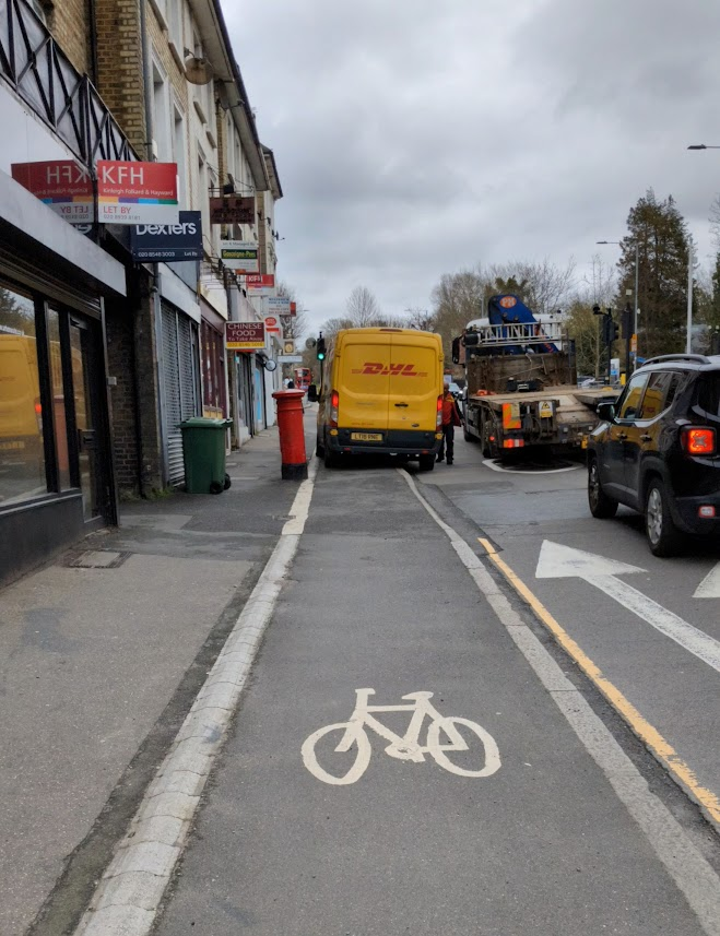 What I don't get is, if deliverers like this @DHLParcelUK driver are sure they're going to be quick, &amp; if their employers are so convinced drop-offs won't inconvenience anyone, why not just park on the road you were driving on to do it rather than illegally block a bike lane?