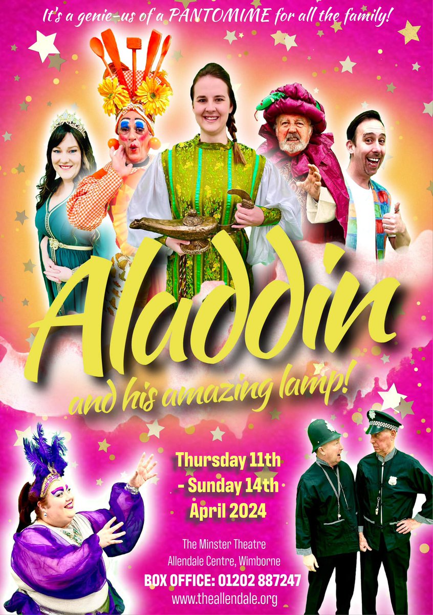 Wimborne Musical Theatre Society presents: ALADDIN and his Amazing Lamp Thursday 11th to Sunday 14th April 2024 theallendale.org/tickets It’s a genie-us of a pantomime, so book your tickets now! #theatre #pantomime #panto #wimborne #dorset