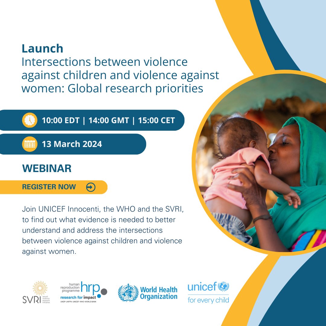 UNICEFInnocenti's tweet photo. #Webinar LIVE in 1 hour

Join us, @WHO, @HRPresearch and @TheSVRI as we launch our publication: Intersections between Violence Against Children &amp; Violence Against Women: Global Research Priorities. 

📅 13 March  at 10 am EST | 3pm CET

Register here 👉https://t.co/YqBS31fbJc https://t.co/ansRAqB4h1