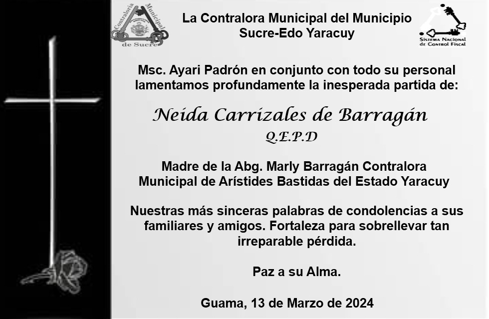 CMEYsucre's tweet photo. Contralora Municipal Msc. Ayari Padrón y todo su equipo de trabajo se unen al duelo que embarga a la Contralora del Municipio Arístides Bastidas Abg. Marly Barragán y a toda su familia por la partida física de su madre Sra Neida Carrizales de Barragán
Paz a su alma
@CMEYABastidas https://t.co/XX8EqNoUEZ