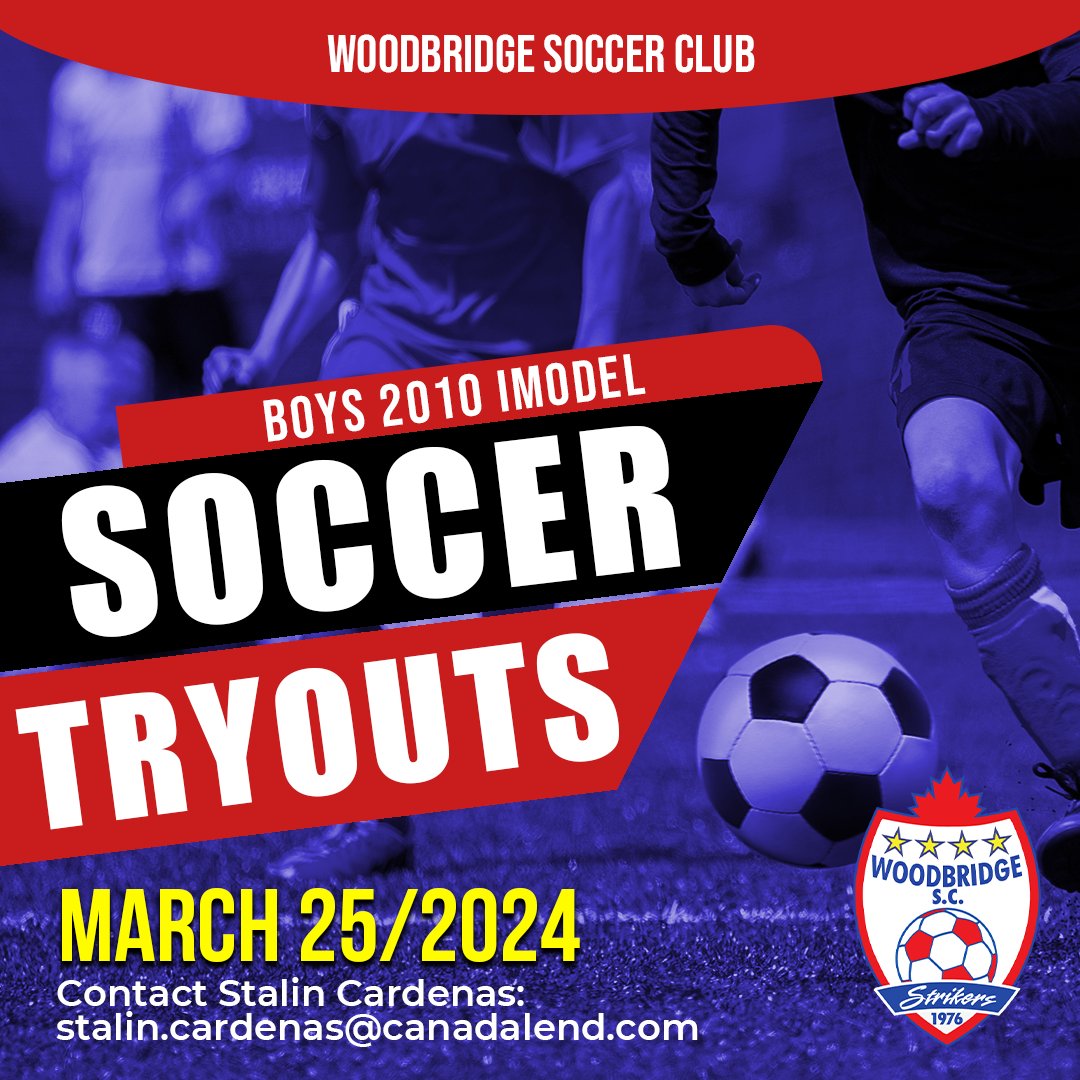 Calling all aspiring soccer stars! Woodbridge Soccer's Boys 2010 iModel Tryouts are just around the corner on March 25th! Don't miss this opportunity to showcase your skills and join a winning team! To register, simply email stalin.cardenas@canadalend.com.