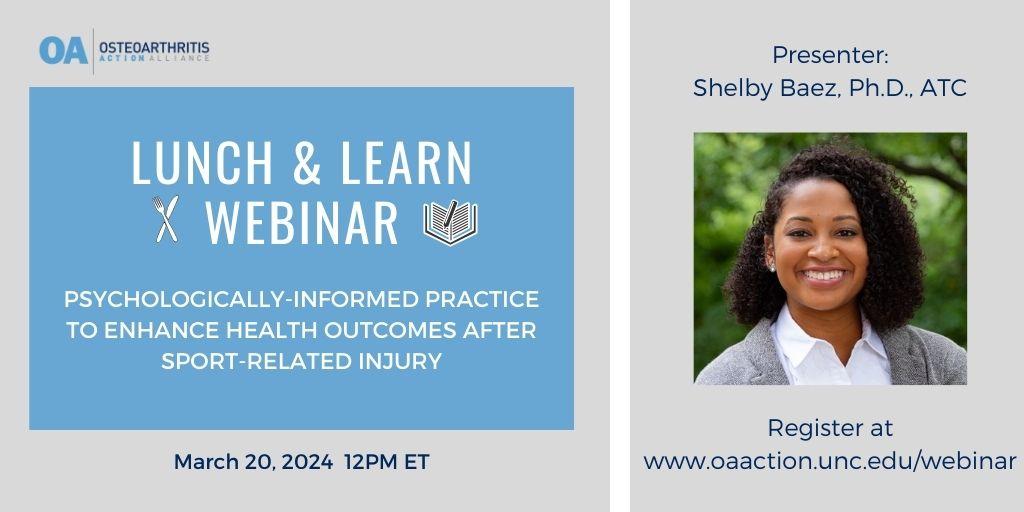 Join us for our upcoming Lunch & Learn Webinar on Wednesday, March 20th at 12PM ET. Register Today! bit.ly/49JUf0F #osteoarthritis @UNCEXSS @shelbybaezatc