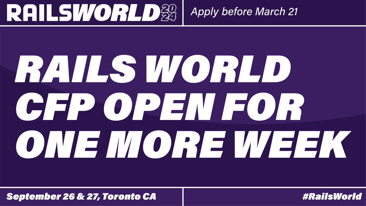 The #RailsWorld CFP will close in just one week on March 21. Submit your talk and you could be sharing your best practices and @rails use cases with the community in Toronto this September: sessionize.com/rails-world/