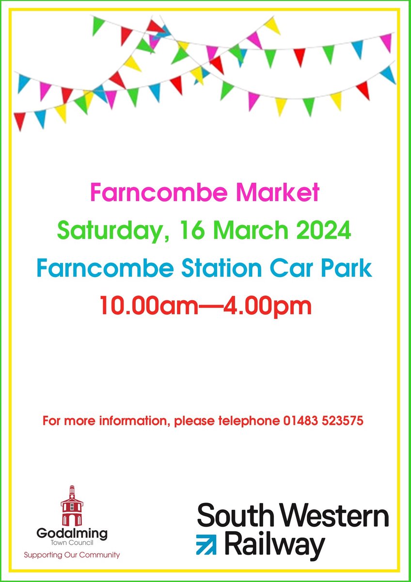 FARNCOMBE STATION SATURDAY MARKET SAT 16, MARCH Godalming Town Councillor’s invite you to their Councillor’s Listening Point.
20mph Petition-meet your Cllrs & sign their petition for a 20mph limit in Binscombe. Free childcare: How is it working for you?  Share your views.