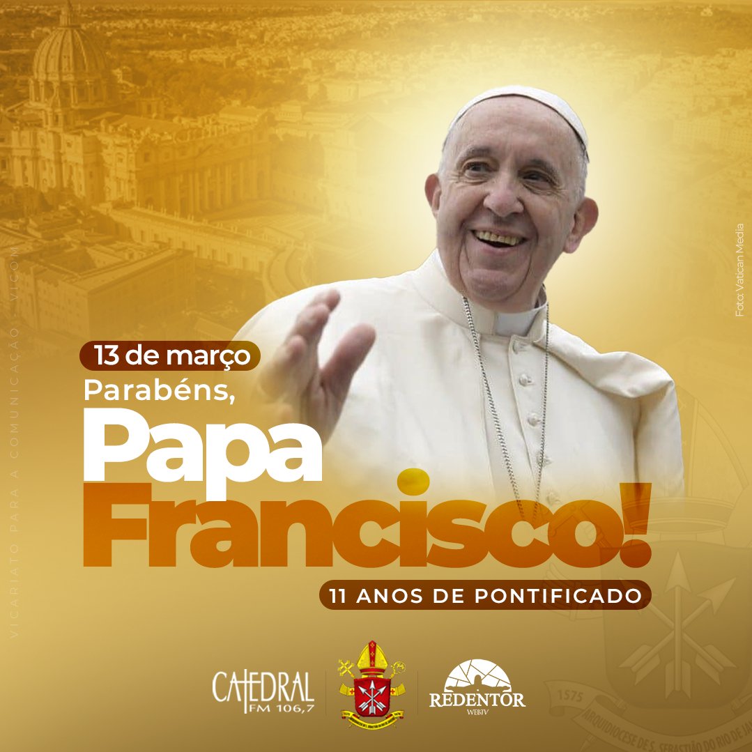 A igreja está em festa, pois o Papa Francisco completa hoje 11 anos de pontificado.