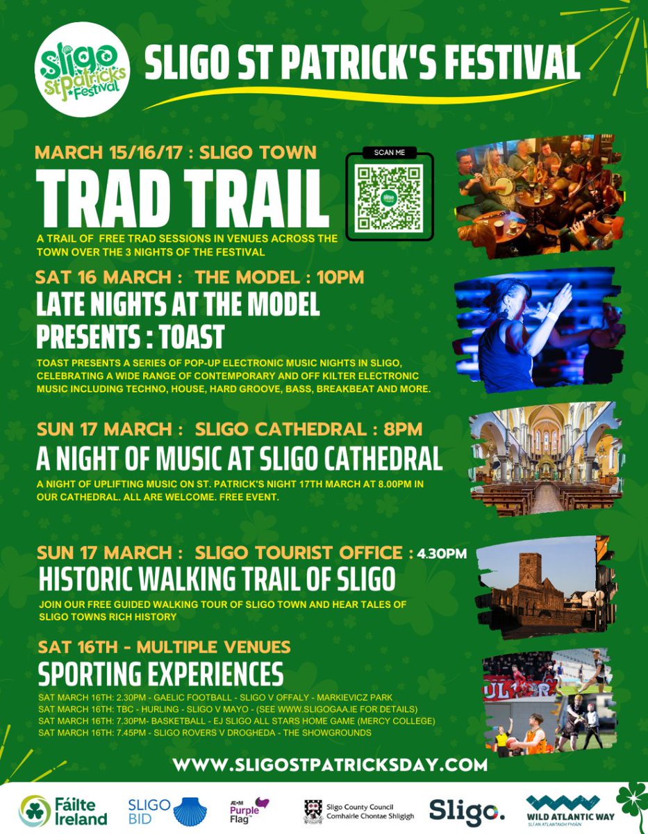 There is so much going on in Sligo town during the St. Patrick's Festival this weekend! ☘️ Lots of music, sports, a walking trail and a trad trail! 🎶 ⚽ 🚶🎻 For more information visit: sligostpatricksday.com @SligoBID @sligococo  #Sligoliveinvestvisit #Stpatricksday