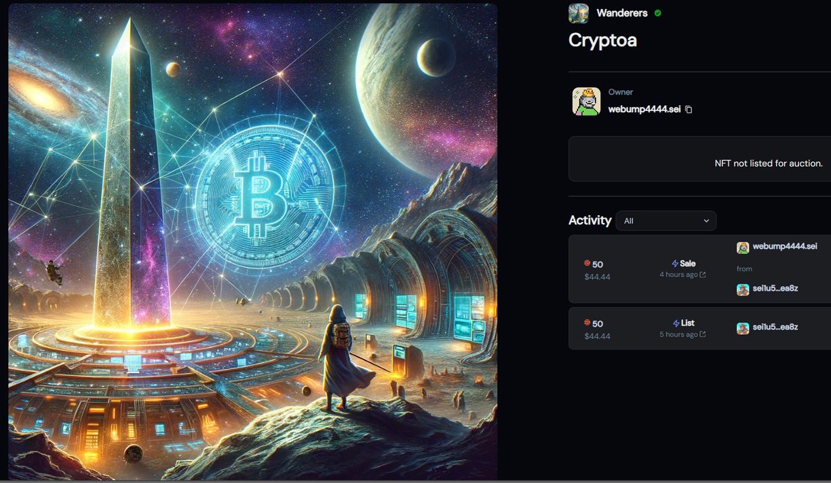 Our Bitcoin themed piece sold earlier this morning for just 50 $SEI 🚀

Congrats to the buyer, and congrats to the seller on the profit from our free mint! 

An $ETH and a $DOGE piece still remain to be listed.