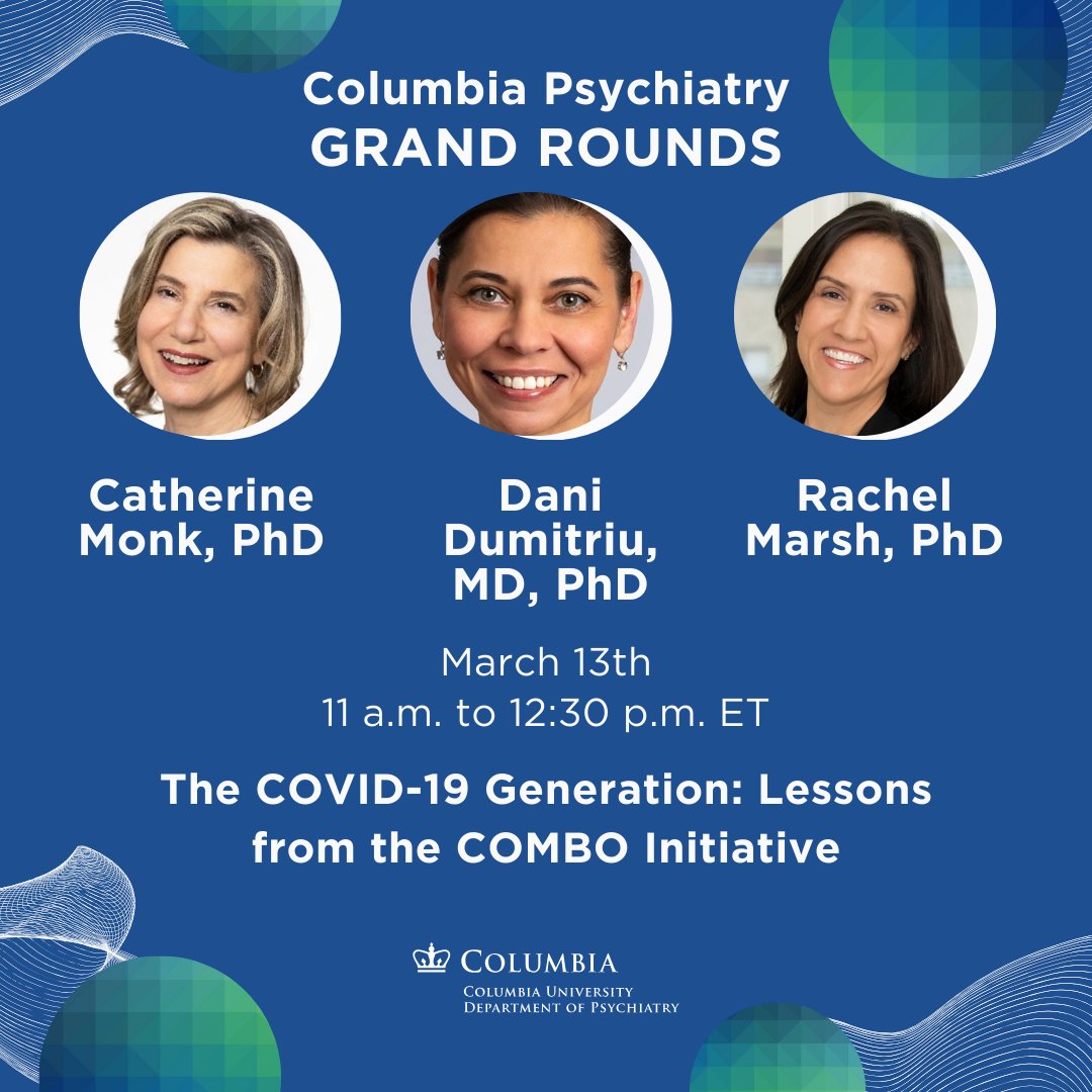 Columbia Psychiatry (@columbiapsych) on Twitter photo Today's Grand Rounds presentation features <a href="/Monk_Lab/">Dr. Catherine Monk, Perinatal Pathways Lab</a>, <a href="/theDOORlab/">Dani Dumitriu, MD, PhD</a>, and <a href="/drrachelmarsh/">Rachel Marsh</a> discussing "The COVID-19 Generation: Lessons from the COMBO Initiative."
Join us soon at 11am EDT: columbiapsychiatry.org/about-us/event… Today's Grand Rounds presentation features <a href="/Monk_Lab/">Dr. Catherine Monk, Perinatal Pathways Lab</a>, <a href="/theDOORlab/">Dani Dumitriu, MD, PhD</a>, and <a href="/drrachelmarsh/">Rachel Marsh</a> discussing "The COVID-19 Generation: Lessons from the COMBO Initiative."
Join us soon at 11am EDT: columbiapsychiatry.org/about-us/event…