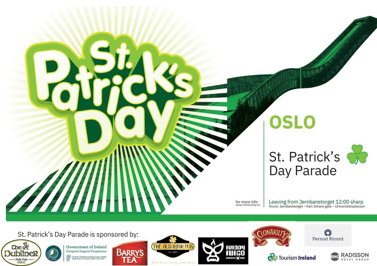Join us this Saturday in Oslo for our annual #StPatricksDay parade. We set off from Jernbanetorget at 12.00 and head to Universetetsplassen for a cultural program including Irish dancing, an Irish choir and more!